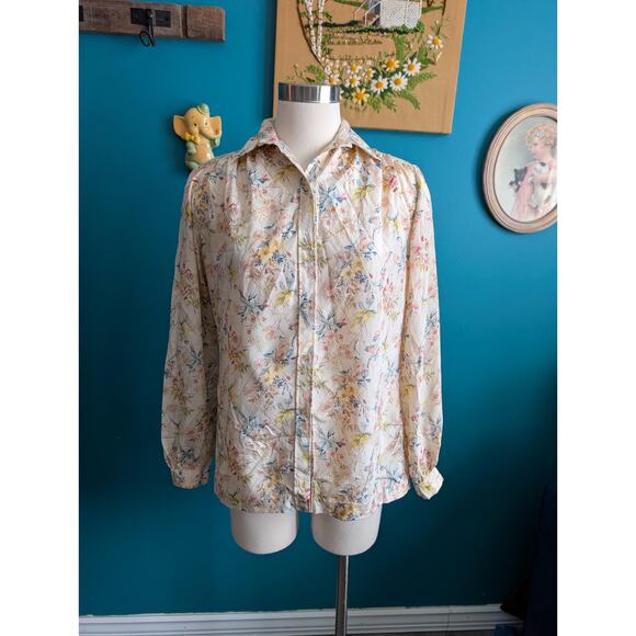 Vintage Tops - Vintage 70s floral silky blouse pastel spring button up top